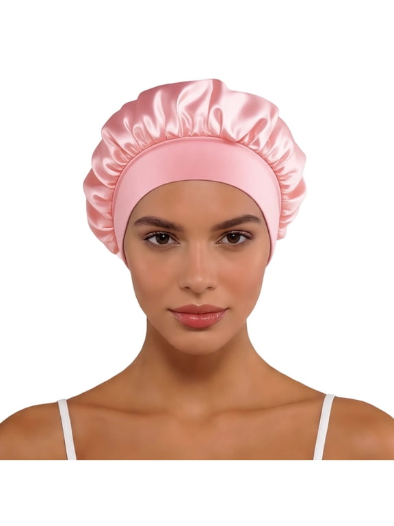Women Silk Sleep Bonnet Elastic Breathable Night Sleeping Cap Light Pink