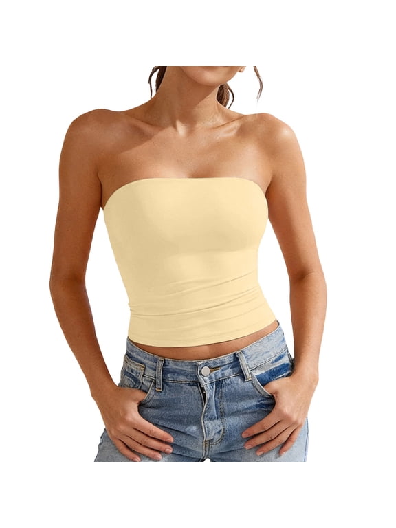 Women Solid Double Layer Tube Top - Strapless Backless Camisole, Summer Crop Vest(Yellow-S)