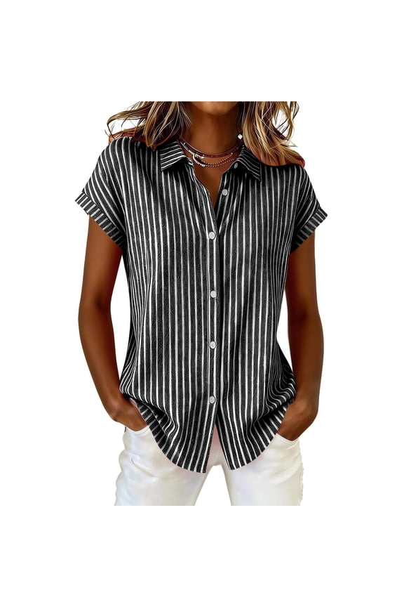 Women Striped Print Short Sleeve Shirt - Button Down Collared Blouse, Casual Summer Top(Black-S)