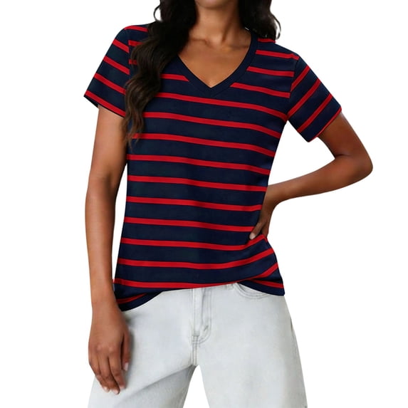 LPKRT Women Striped V Neck T Shirt - Short Sleeve Casual Top, Soft Breathable Summer Tee(Watermelon Red-2XL)