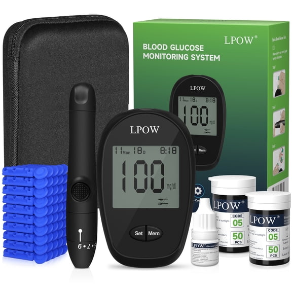 LPOW Blood Glucose Monitor Kit, 100 Glucometer Strips, 100 Lancets, 1 Blood Sugar Monitor, 1 Control Solution, Lancing Device and Carrying Bag