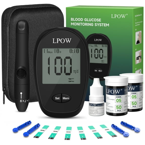 LPOW Blood Glucose Monitor Kit, 100 Glucometer Strips, 100 Lancets, 1 Blood Sugar Monitor, 1 Control Solution, Lancing Device and Carrying Bag
