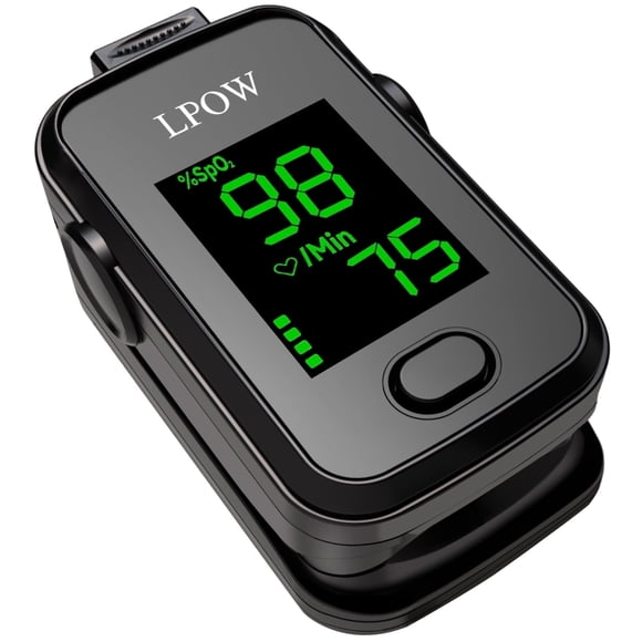 LPOW Fingertip Pulse Oximeter, Oxygen Level Pulse Rate, Includes Batteries and Lanyard - Black