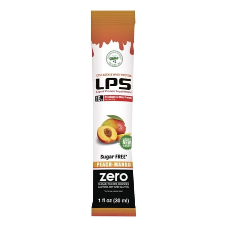 LPS Sugar Free Collagen & Whey Liquid Protein Supplement by Nutritional Designs, PEACH MANGO FLAVOR, 15g Protein/packet, 25 Packets
