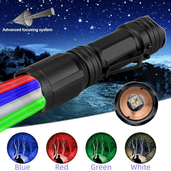 LPSSTORE LED Flashlight with Red Green Blue White 4 Colors in 1 Multifunctional Zoomable Torch Light for Night Fishing Camping Hunting(Black)