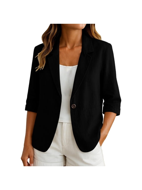 2026 Summer Women’s Linen Blazer Jacket - Lightweight Breathable 3/4 Sleeve One Button Business Casual Suit Jackets