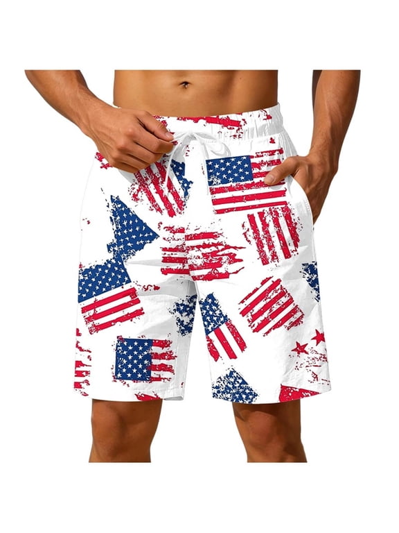 Men's 4th of July Patriotic American Flag Swim Trunks Quick Dry Elastic Waist Drawstring Beach Shorts with Pockets