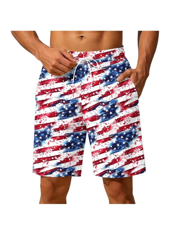 Men's 4th of July Patriotic American Flag Swim Trunks Quick Dry Elastic Waist Drawstring Beach Shorts with Pockets