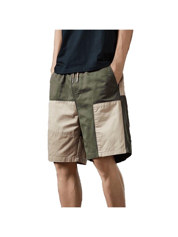 Men's Color Block Cargo Shorts Relaxed Fit Drawstring Waist Five-Point Casual Shorts for Summer & Outdoor