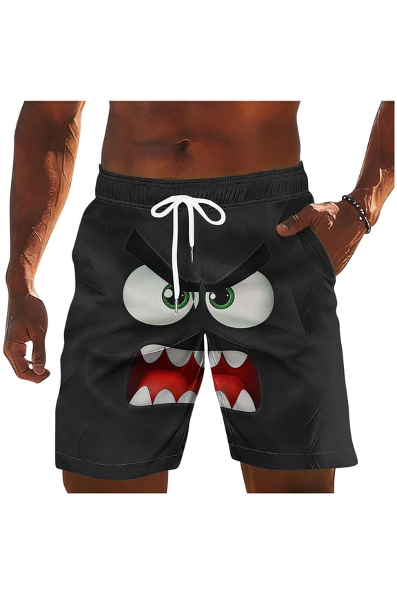Men's Funny 3D Cartoon Print Swim Trunks Elastic Drawstring Waist Quick Dry Beach Shorts with Pockets