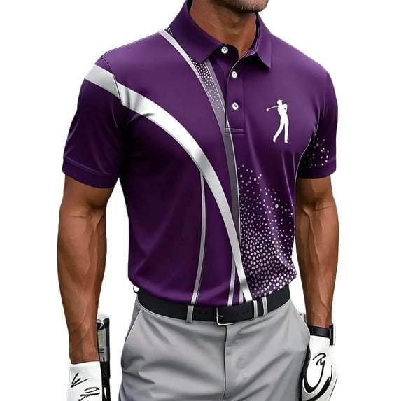 LPZOOGU Men's Golf Performance Polo Shirt Golfer Silhouette & Geometric Print Short Sleeve Athletic Golf Top
