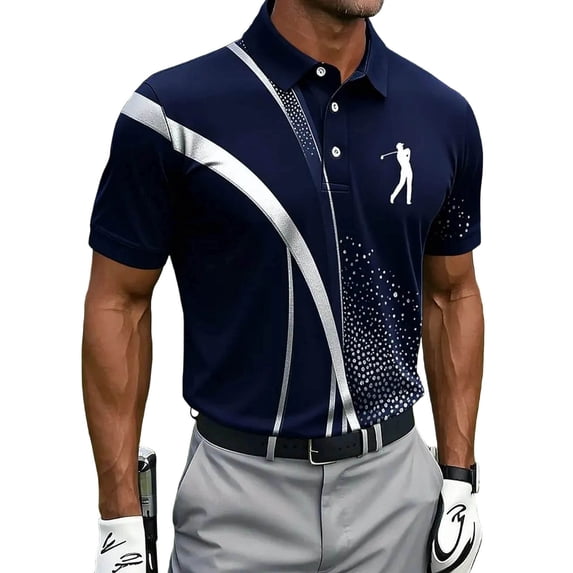 LPZOOGU Men's Golf Performance Polo Shirt Golfer Silhouette & Geometric Print Short Sleeve Athletic Golf Top