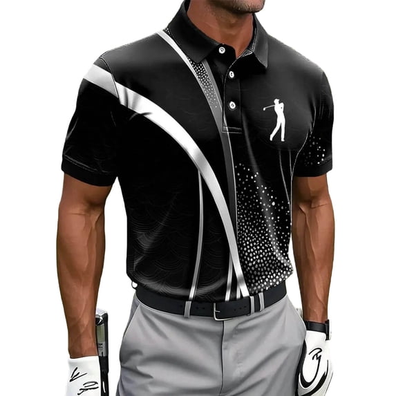 LPZOOGU Men's Golf Performance Polo Shirt Golfer Silhouette & Geometric Print Short Sleeve Athletic Golf Top