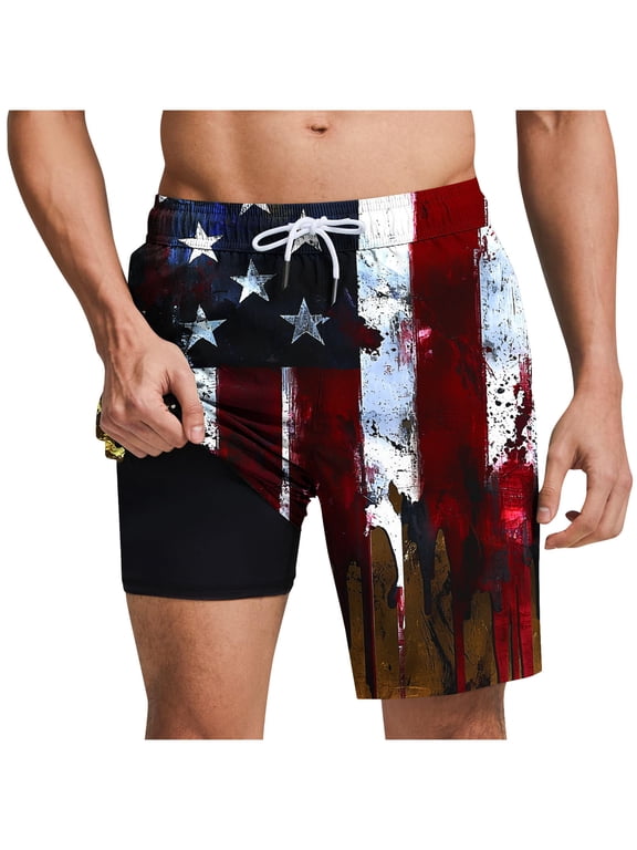 Men's Independence Day American Flag Print Swim Trunks with Compression Liner Quick Dry Elastic Beach Shorts