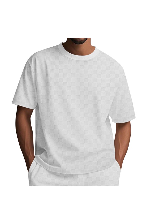 Men's Monochrome Checkerboard Print Crew Neck T-Shirt Summer Casual Short Sleeve Relaxed Fit Fashion Top