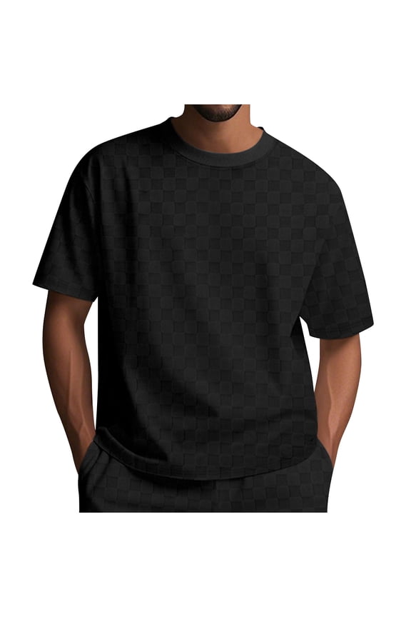 Men's Monochrome Checkerboard Print Crew Neck T-Shirt Summer Casual Short Sleeve Relaxed Fit Fashion Top