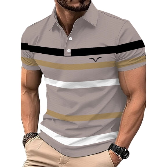 LPZOOGU Men's Striped & Logo Print Short Sleeve Polo Shirt Buttoned Collar Breathable Moisture Wicking Golf Jersey Tops