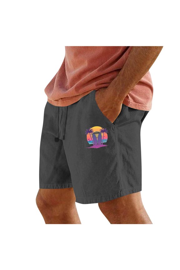 Men's Tropical Sunset Surf Graphic Casual Shorts Elastic Drawstring Waist Summer Beach Shorts with Pockets