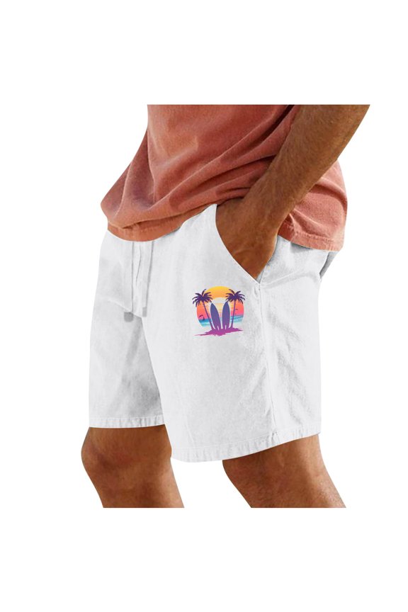 Men's Tropical Sunset Surf Graphic Casual Shorts Elastic Drawstring Waist Summer Beach Shorts with Pockets