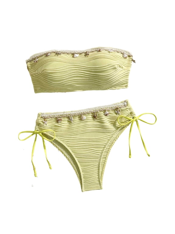 Women Strapless Bikini Wave Textured Shell-Trimmed Swimwear with Built-in Cups High Cut Tie-Side Beachwear
