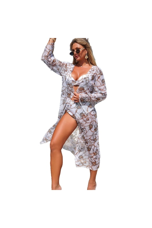 Women's 3 Piece Bikini Set with Mesh Cover Up, Chain Print Underwire High Waisted Twist Front Swimsuit