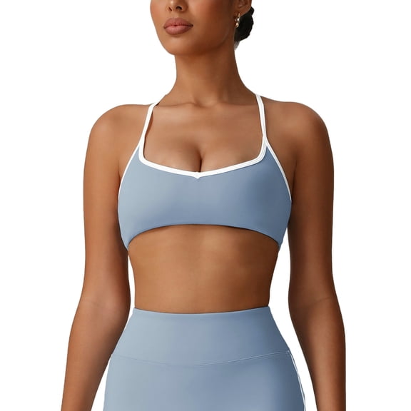 LPZOOGU Women's Breathable Stretchy Padded Sports Bra V Neck Halter Neck Wireless Color Block Workout Bra for Yoga & Fitness