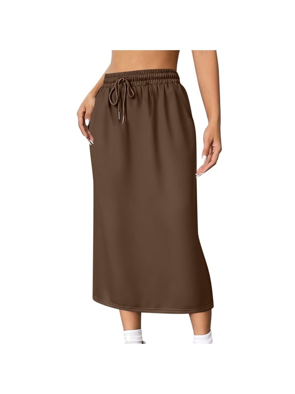 Women's Casual High Waist Elastic Drawstring Stretch Sweat Slit Midi Skirt Relaxed Fit Comfortable Sporty Bottoms