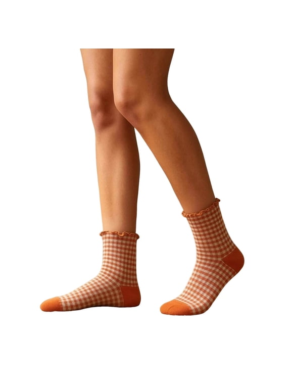 Women's Checkered Ruffle Trim Socks- Cute Plaid Frilly Sock- Summer Casual Crew Cotton Socks