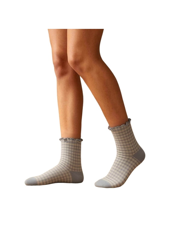 Women's Checkered Ruffle Trim Socks- Cute Plaid Frilly Sock- Summer Casual Crew Cotton Socks