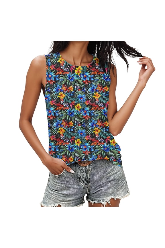 Women's Crew Neck Sleeveless Tank Top Casual Tropical Print Circular Jacquard Knit Summer Beach Tops