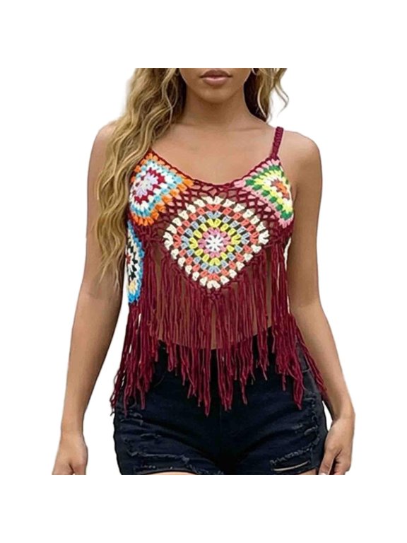 Women's Crochet Beach Boho Bohemian Tassel Strap V Neck Camis Crop Top Vest Handmade Flower Top