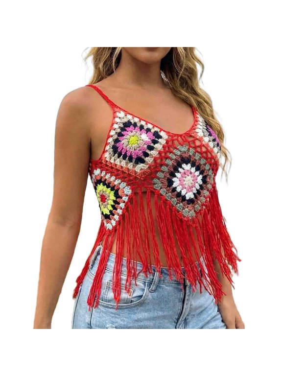 Women's Crochet Beach Boho Bohemian Tassel Strap V Neck Camis Crop Top Vest Handmade Flower Top