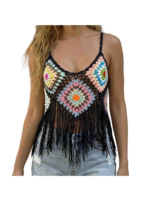Women's Crochet Beach Boho Bohemian Tassel Strap V Neck Camis Crop Top Vest Handmade Flower Top