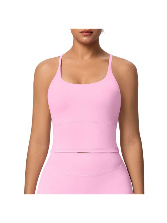 Women's Cross Back Sports Tank Top Fitted Sleeveless Scoop Neck Workout Camisole with Built-in Bra for Gym Yoga Running