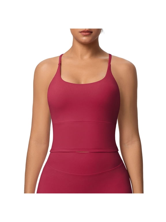Women's Cross Back Sports Tank Top Fitted Sleeveless Scoop Neck Workout Camisole with Built-in Bra for Gym Yoga Running