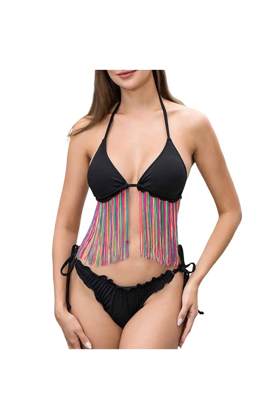 Women's Fringe Halter Bikini Set Rainbow Tassel Triangle Top with Tie-Side Ruffle Bottom Two-Piece Swimwear