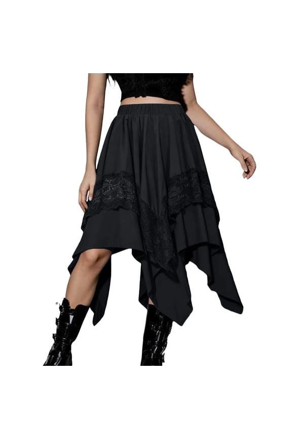 Women's Gothic Lace Handkerchief Hem Skirt Solid High Waist Punk Asymmetrical Midi Skirt for Cosplay Party