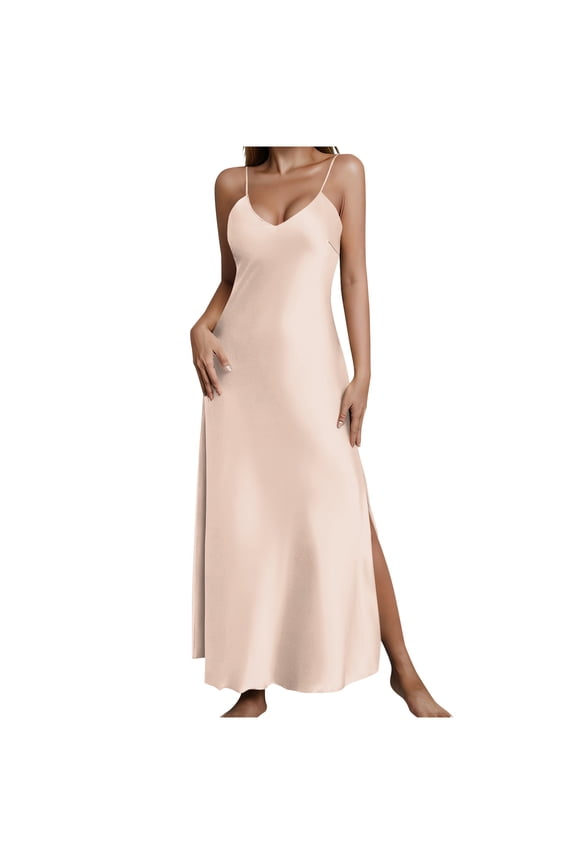 Women's Long Satin Slip Dress Nightgowns Sexy Lingerie Adjustable Strap Maxi Dress Silky Gown V Neck Under Dress