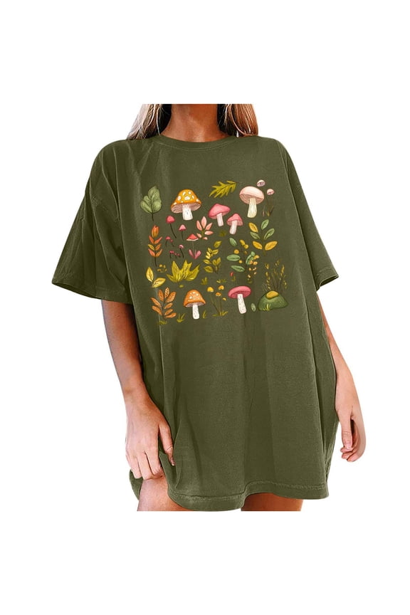 Women's Mushroom Graphic Oversized T-Shirt Vintage Botanical Floral Print Short Sleeve Crew Neck Casual Tee