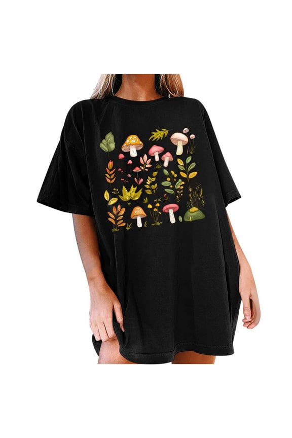 Women's Mushroom Graphic Oversized T-Shirt Vintage Botanical Floral Print Short Sleeve Crew Neck Casual Tee
