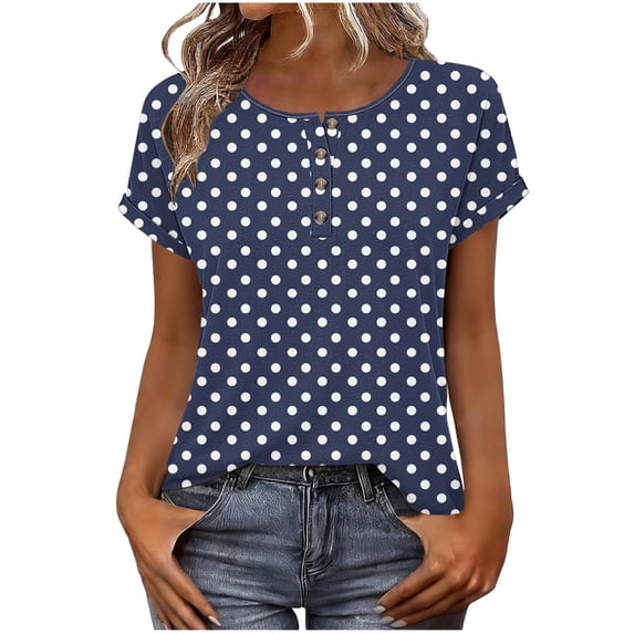 LPZOOGU Women's Polka Dot Henley T-Shirt Short Sleeve Button Down Crew Neck Casual Basic Tee Comfortable Summer Top