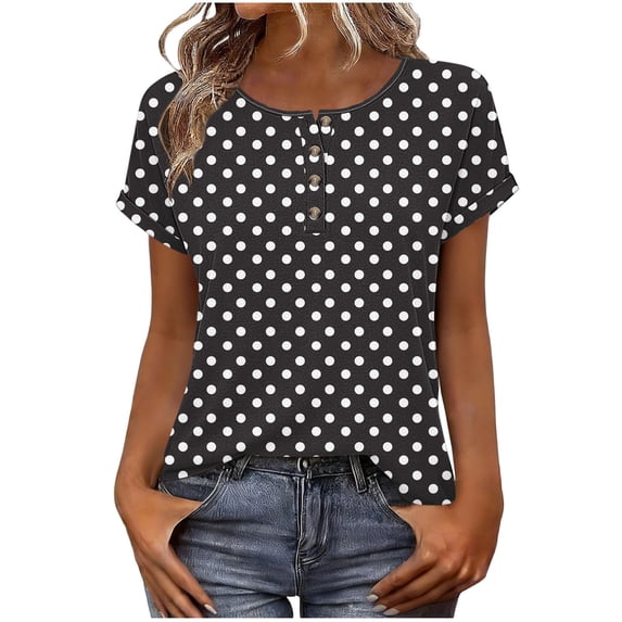 LPZOOGU Women's Polka Dot Henley T-Shirt Short Sleeve Button Down Crew Neck Casual Basic Tee Comfortable Summer Top