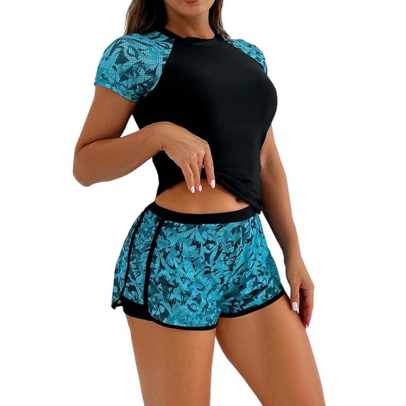 LPZOOGU Women's Rash Guard 2 Piece Short Sleeve Swim Shirt with Shorts Swimsuit with Bra Bathing Suit with Pocket