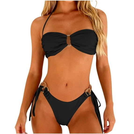 LPZOOGU Women's Ribbed Triangle Bikini Set with Gold Chain Accent, Halter Top & Side Tie Thong Bottoms, Two Piece Swimwear