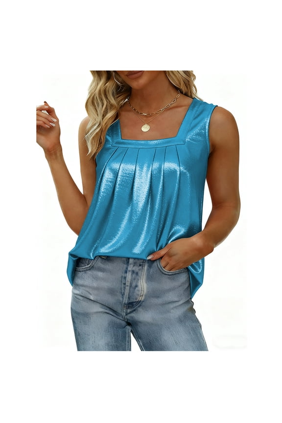 Women's Shiny Metallic Square Neck Tank Top Casual Sleeveless Pleated Loose Fit Camisole Blouse for Party Date Night