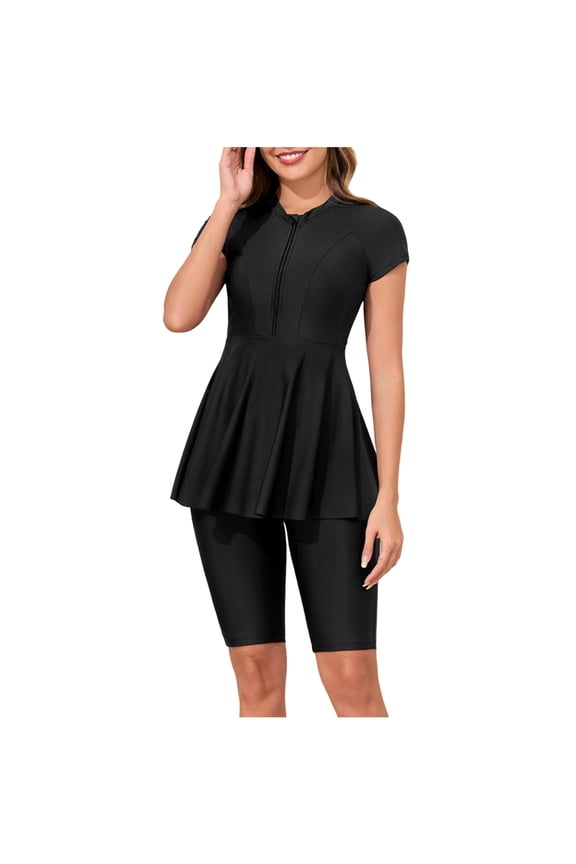 Women's Short Sleeve Zip Up Two Piece Swim Dress Peplum Top with Knee Length Shorts, Modest Bathing Suit for Pool