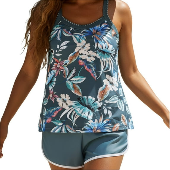 LPZOOGU Women's Sleeveless Ruched Tankini Swimsuit Solid Color Top with Floral Print Boyshort Bottoms Comfortable Modest Swimwear