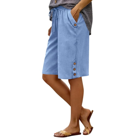 LPZOOGU Women's Striped Linen Blend Capri Pants Elastic Waist Loose Straight Leg Casual Summer Cropped Pants with Pockets