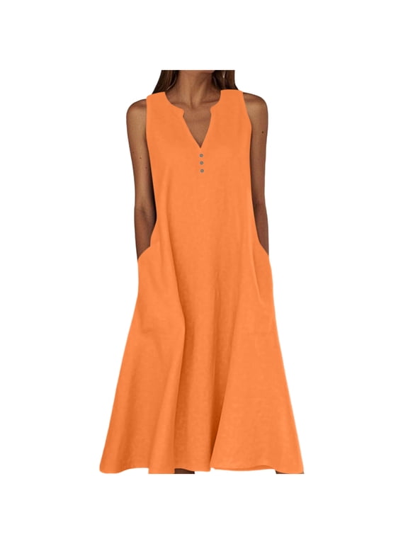 Women's Summer Dresses 2026 Sleeveless V-Neck Cotton Linen Midi Dress Casual Loose Fit Flowy Tiered A-Line Sundress
