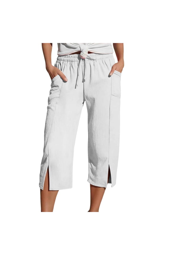 Women's Summer Linen Blend Capri Pants Drawstring Elastic Waist 3/4 Cropped Trousers with Side Slit and Pockets